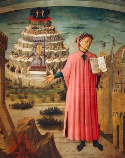 Dante Alighieri med Den gudomliga komedin i handen och skärseldens berg i bakgrunden, detalj från Den gudomliga komedin, av Dante Alighieri (1265-1321), av Domenico di Michelino (1417-1491), fresco, Basilica of Saint Mary of Flower, Florens. Italien,1465 av Domenico di Michelino