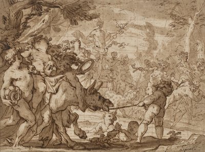The Triumph of Bacchus, ca 1642-1703 (penna & brunt bläck och skölj över röd krita på lagt papper) av Domenico the Elder Piola