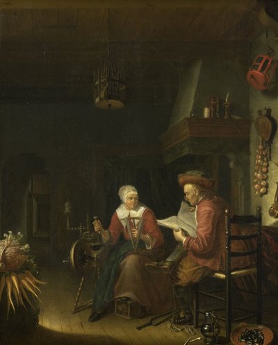Interiör med en man som läser och en kvinna som spinner garn av Domenicus van Tol