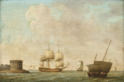Fregatt passerar ett trångt luggerfartyg av Dominic (attributed to) Serres