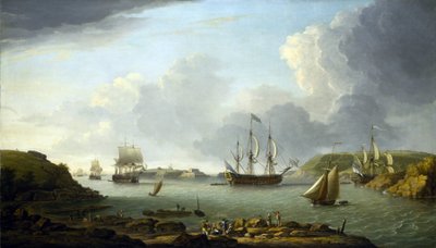 En flottas återkomst till Plymouth (England), beskrivning av staden och bukten, inklusive Drake Island och Edgcumbe Mountain. Olja på duk av Dominic Serres