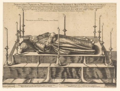Doodsportret van Ferdinand II van Tirol Den mest fridfulla prins och lord Ferdinand ärkehertig av Österrike (...) (titel på objekt) av Dominicus Custos (possibly)