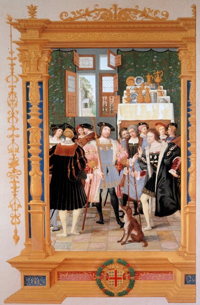 Etienne Leblanc (1490-1565) presenterar för Anne de Montmorency (1493-1567) sin översättning av Cicerons tal (1531) - Kopia av frontispicen bevarad i Sankt Petersburg (Ryssland), gouache av Dominique Henri Guifard (1838-1913) , sent 1800-tal - C av Dominique Henri Guifard