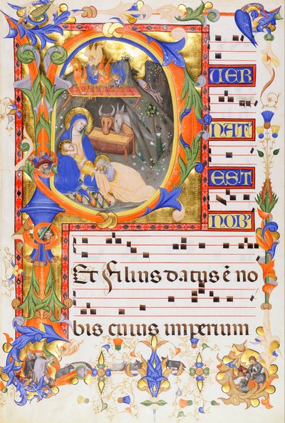Nativity, i ett initialt P av Don Silvestro dei Gherarducci
