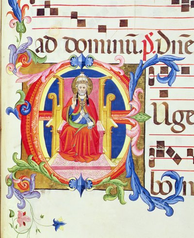 Ms 572 f.125r Historikert initial "E" som visar St. Peter som den första biskopen av Rom från en antifon från Santa Maria del Carmine av Don Simone Camaldolese