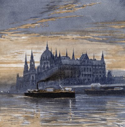 Buda-pest och dess parlamentshus (färg litho) av Donald (after) Maxwell