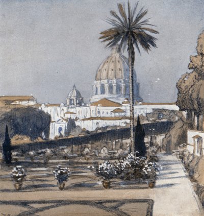 Vatikanträdgården (färg litho) av Donald (after) Maxwell