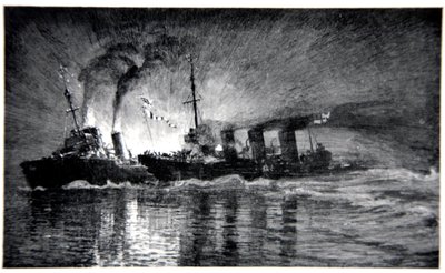 HMS Broke rammar en tysk destroyer, illustration från "The Naval Front" av Gordon S. Maxwell, 1920. av Donald Maxwell