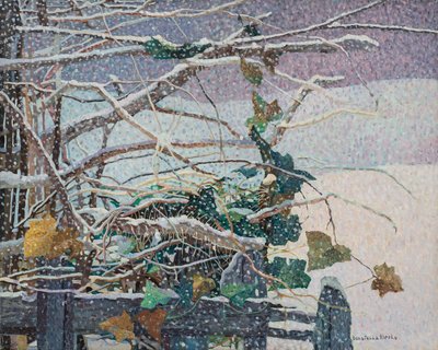 Snow falls, ca 1987 (olja på duk) av Donatella Merlo