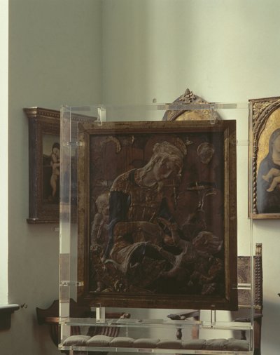 Madonna och barn (polykrom gips, trä, läder, glas) av Donatello