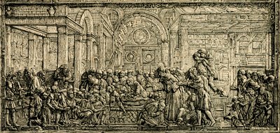 Miraklet med den girige mannens hjärta, Sankt Antonius altare, bronsrelief av Donatello, Sankt Antonius basilika i Padua, Padua, Veneto, Italien, träsnitt ur Le cento citta d