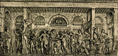 Miraklet med det nyfödda barnet som talar, Sankt Antonius altare, bronsrelief av Donatello, Sankt Antonius basilika i Padua, Padua, Veneto, Italien, träsnitt från Le cento citta d