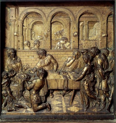 Herodes Antipas II:s bankett (21 f.Kr.-39 e.Kr.). Detalj av den nedre reliefen av dopfunten realiserad av Donato di Niccolo di Betto Bardi dit Donatello (1386-1466) av Donatello