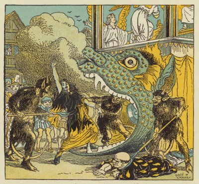 Mysteriespel av den typ som William Shakespeare såg som pojke (färglitografi) av Donn P. Crane