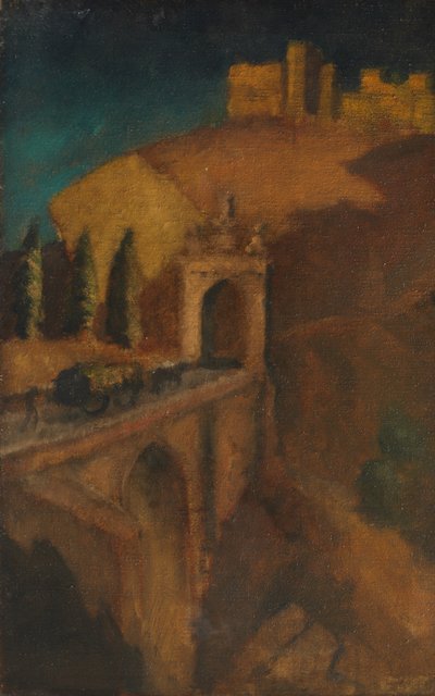 Bergslandskap med bro (verso), ca 1910 (olja på duk) av Dora (attr. to) Carrington