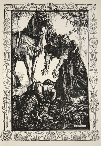 Palamides dök upp framför henne, illustration från "Stories of King Arthur and the Round Table" av Beatrice Clay av Dora Curtis