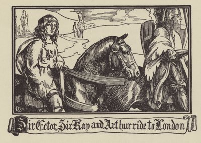 Sir Ector, Sir Kay och Arthur rider till London av Dora Curtis