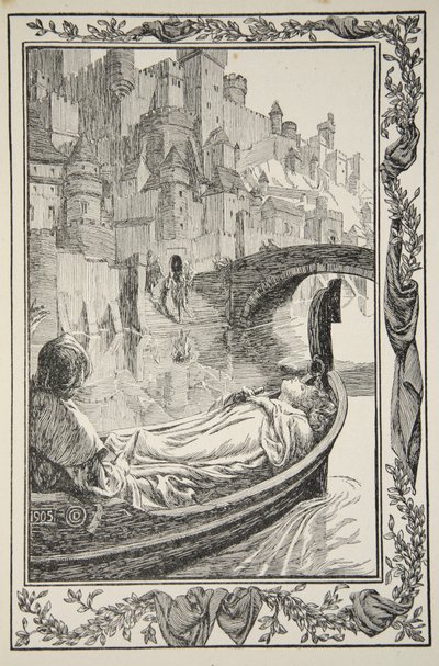 Pråmen flöt nerför floden, illustration från "Stories of King Arthur and the Round Table" av Beatrice Clay av Dora Curtis