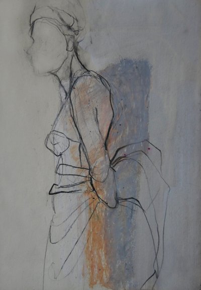 Skiss av en graciöst draperad figur av Doris Schmitz