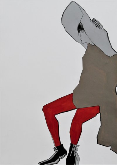 Figur med huva och röda tights av Doris Schmitz