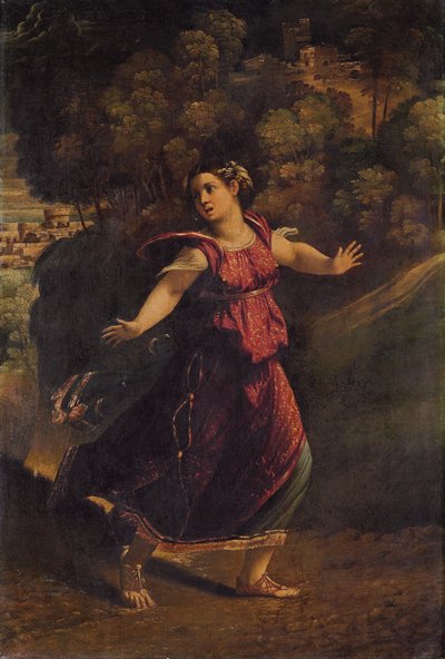 En kvinna som flyr på en skogsstig, ca 1520-talet av Dosso Dossi