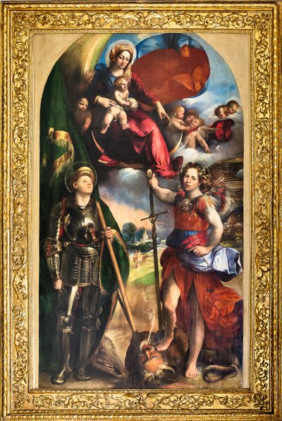 Madonna med Jesusbarnet och St George och St Michael ärkeängel, ca 1518 (olja på panel) av Dosso Dossi