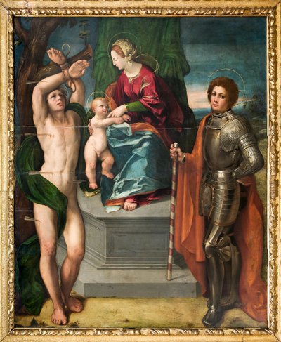 Madonna med Jesusbarnet och St Sebastian och St George, detalj av Dosso Dossi