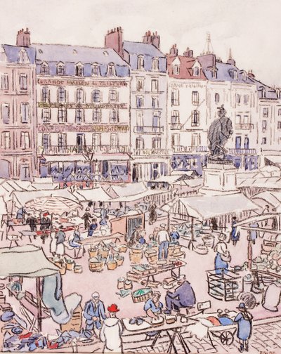 Place Nationale, Dieppe, ca 1910 (krita och wc på papper) av Douglas Fox Pitt