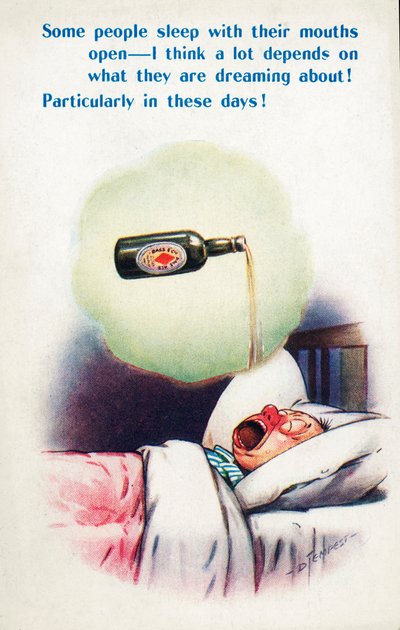 Alkoholism: man sover med öppen mun och drömmer om öl (färglitografi) av Douglas Tempest