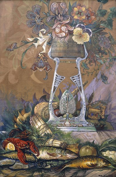 Blommor i en vas på ett stativ med sparris, hummer, ostron och fisk (olja på duk) av Dragutin Inkiostri Medensak