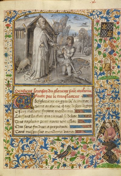En ung riddare i rustning knäböjer i bön inför Sankt Antonius av Dreux Jean