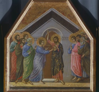 Altarpeice: The Incredulity of St Thomas, detalj av galningen från baksidan av Maesta