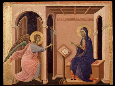 Kungörelse om Marias död. Predella of the Maesta (tempera på trä av Duccio di Buoninsegna