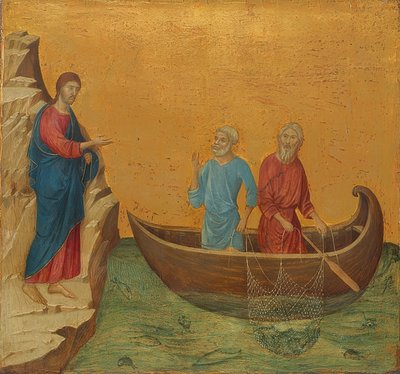 Den underbara fisketuren och kallelsen av apostlarna Petrus och Andreas. 1308-11 av Duccio di Buoninsegna