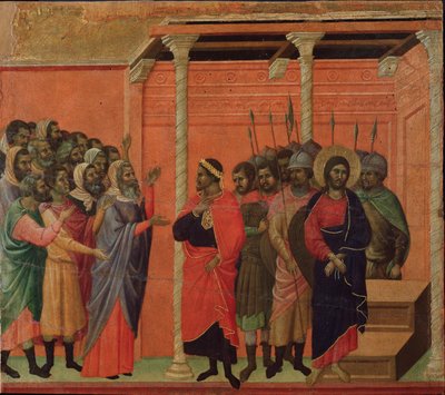 Jesus anklagades av fariséerna. Maesta altartavla (tempera och guld på trä av Duccio di Buoninsegna