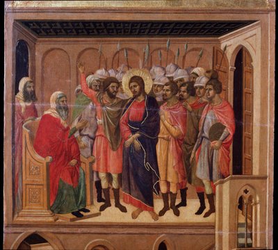 Jesus framför Annas. Maesta altartavla (tempera och guld på trä av Duccio di Buoninsegna