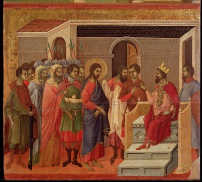 Jesus framför Herodes. Maesta altartavla (tempera och guld på trä av Duccio di Buoninsegna