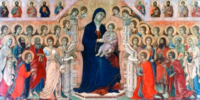 Maestà, Madonna med änglar och heliga, 1308-1311 av Duccio di Buoninsegna