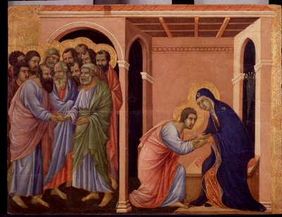 Maria tar avsked med Johannes, på utsidan skakar apostlarna Petrus och Paulus hand. Detalj av Maesta (tempera och guld på trä av Duccio di Buoninsegna