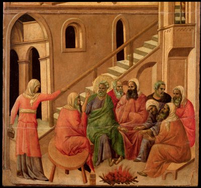Peters förnekande. Maesta altartavla (tempera och guld på trä av Duccio di Buoninsegna