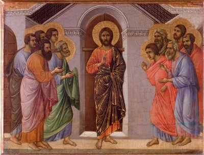Den uppståndne Jesus visar sig för apostlarna. Maesta altartavla (tempera och guld på trä av Duccio di Buoninsegna