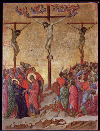 Korsfästelsen. På sidorna, den gode tjuven (Dismas) och den obotfärdiga tjuven (Gestas). Maesta altartavla (tempera och guld på trä av Duccio di Buoninsegna