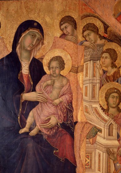 Jungfru och barn på tronen (La Maesta altartavla) (tempera och guld på trä) av Duccio di Buoninsegna