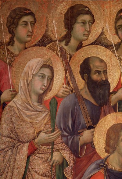Jungfru och barn på tronen, detalj med helgonet Katarina av Alexandria och helgonet Paulus. (La Maesta) (tempera och guld på trä av Duccio di Buoninsegna