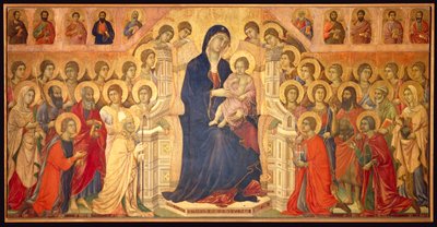 Jungfru tronar med barn, omgiven av änglar och heliga, centralpanelen i Maesta av Duccio di Buoninsegna