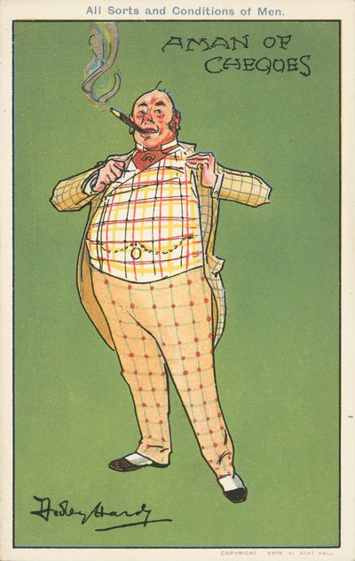 En man av checkar: en rik man i rutig kostym (färg litho) av Dudley Hardy