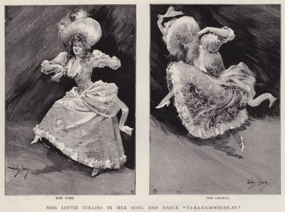 Engelska sångerskan och dansaren Lottie Collins framför sin populära låt Ta-Ra-Ra-Boom-De-Ay (litho) av Dudley Hardy