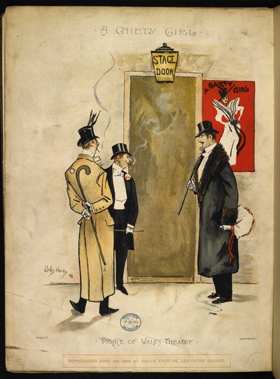 Tre herrar väntar utanför scendörren på att Gaiety girls ska dyka upp. av Dudley Hardy