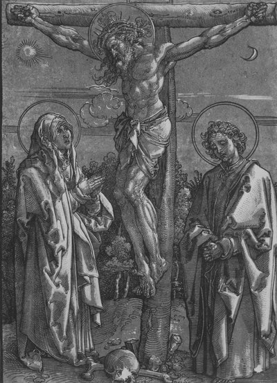Kristus på korset med jungfrun och Johannes, 1500-1550. av Dürer School.