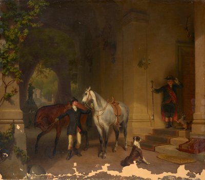 Ryttare med två hästar framför slottet av Düsseldorfer Maler um 1850